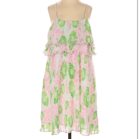 NWT Ganni Pleated Georgette Mini Dress Green Pink Floral Size 34/2 Wedding Guest - Picture 1 of 13